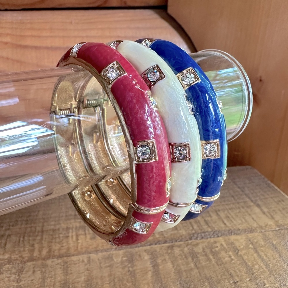 Set of 3 Red, White & Blue Enameled Bangles Hinged Patriotic Clamper Bracelet - Picture 14 of 15